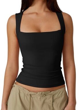 Qinsen Women's Black Square Neck Tank Top XL